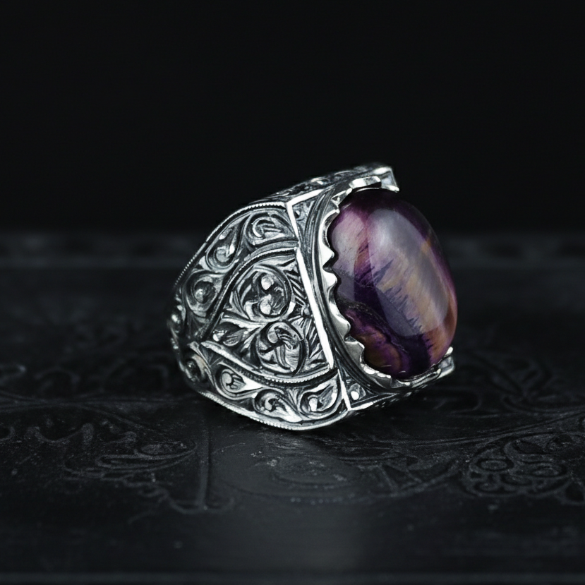 Men Handmade Engraved Purple Tiger Eye Gemstone Engraved Ring