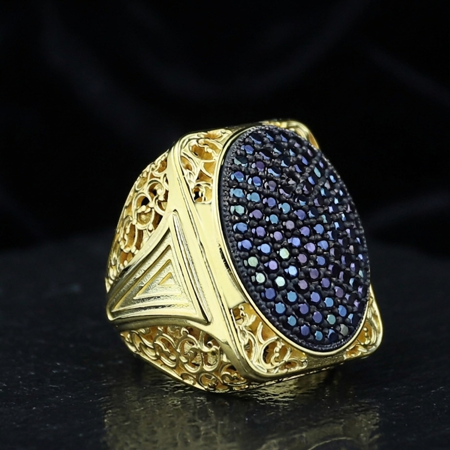 Men Handmade Silver Large Gold Onyx Gemstone Ring