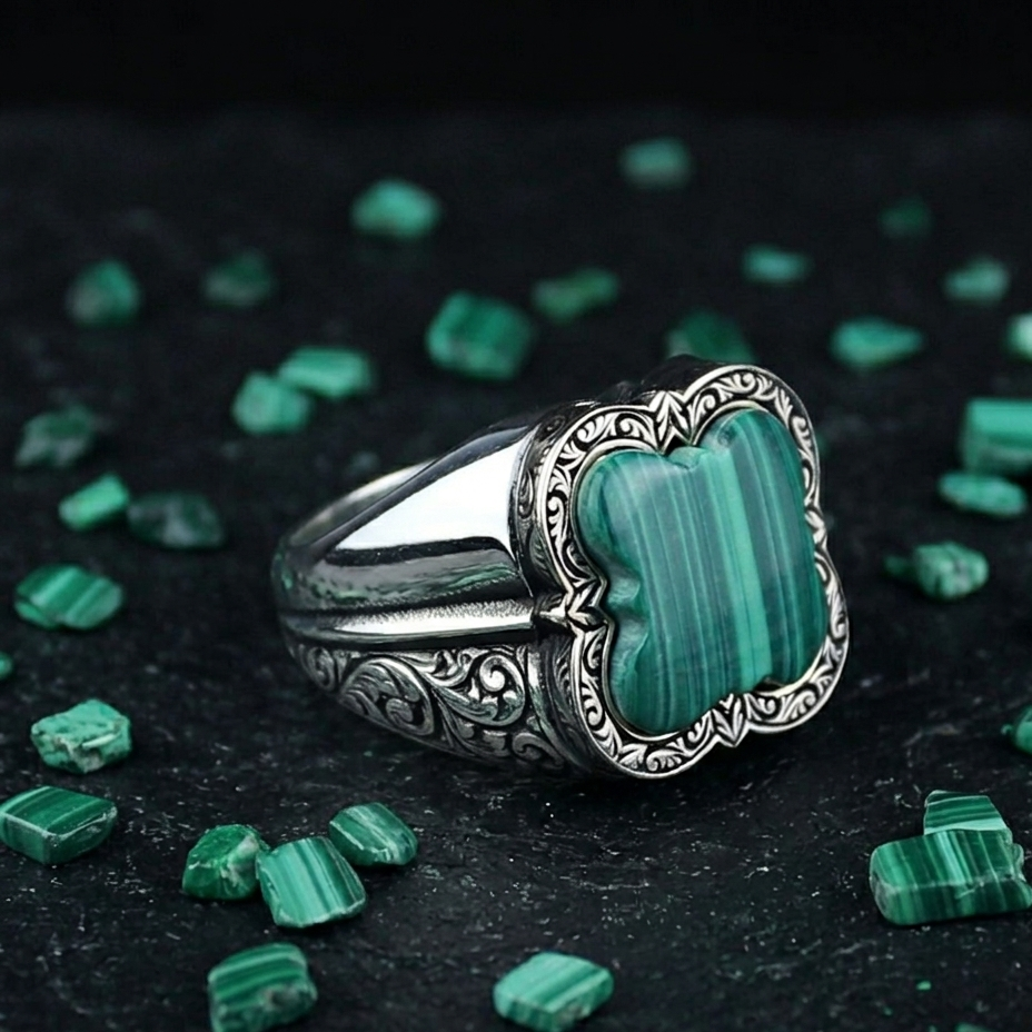 Men Handmade Malachite Gemstone Ottoman Style Ring