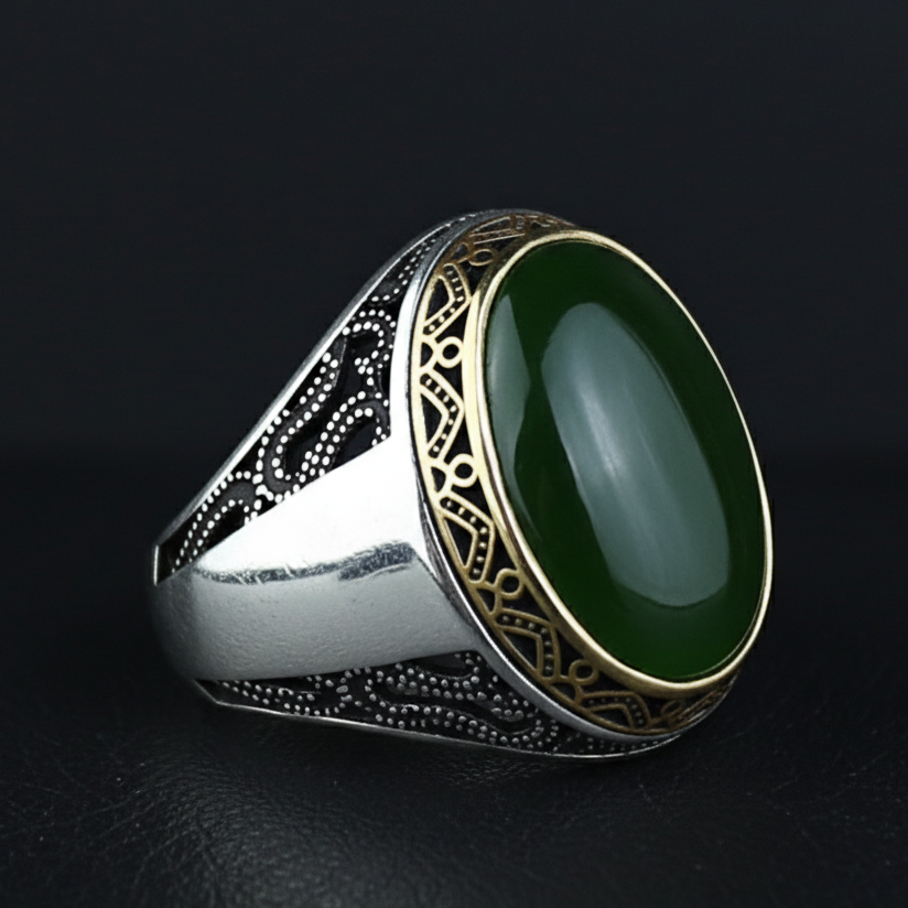 925 Silver Men Turkish Handmade Natural Canadian Green Jade Stone Ring