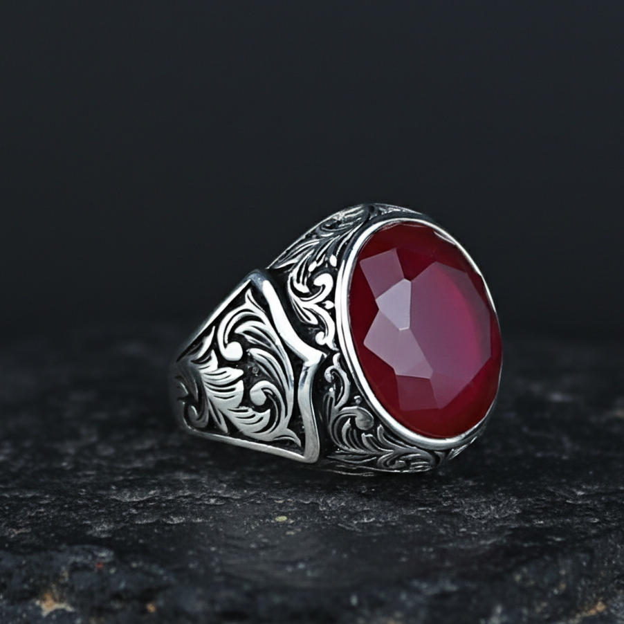 Silver Round Cut Natural Ruby Gemstone Handmade Ring