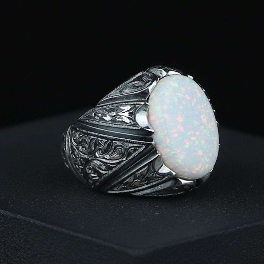 925 Men Handmade White Fire Opal Gemstone Turkish Engraved Ring
