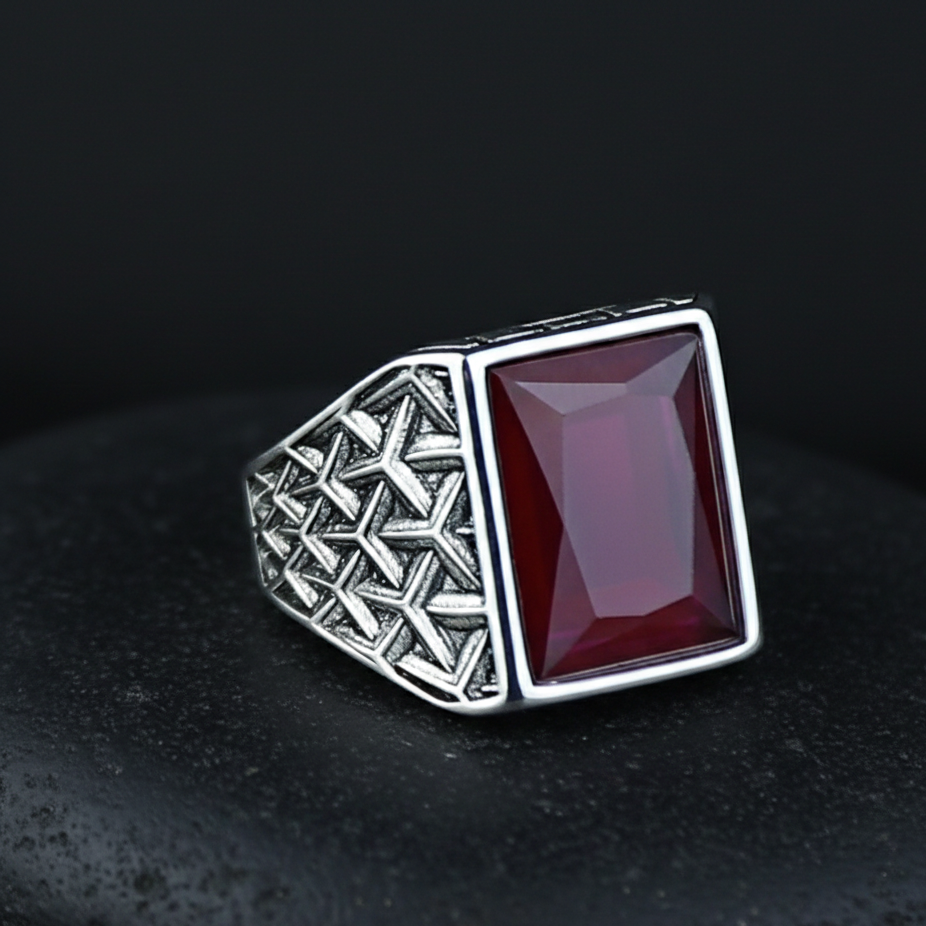 925 Sterling Silver Square Natural Ruby Gemstone Turkish Handmade Ring