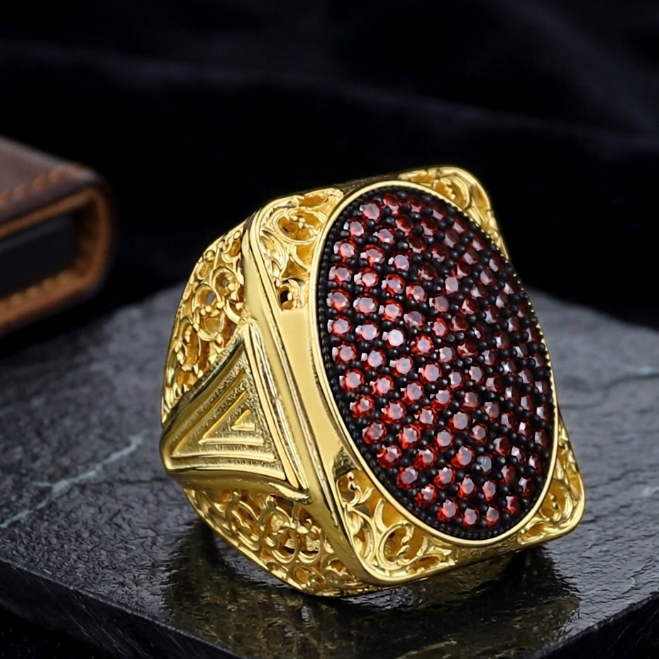 Men Handmade Gold Large Ruby Gemstone 925 Silver Ring