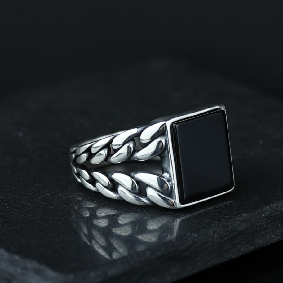 Men Solid Silver Square Black Onyx Gemstone Handmade Ring
