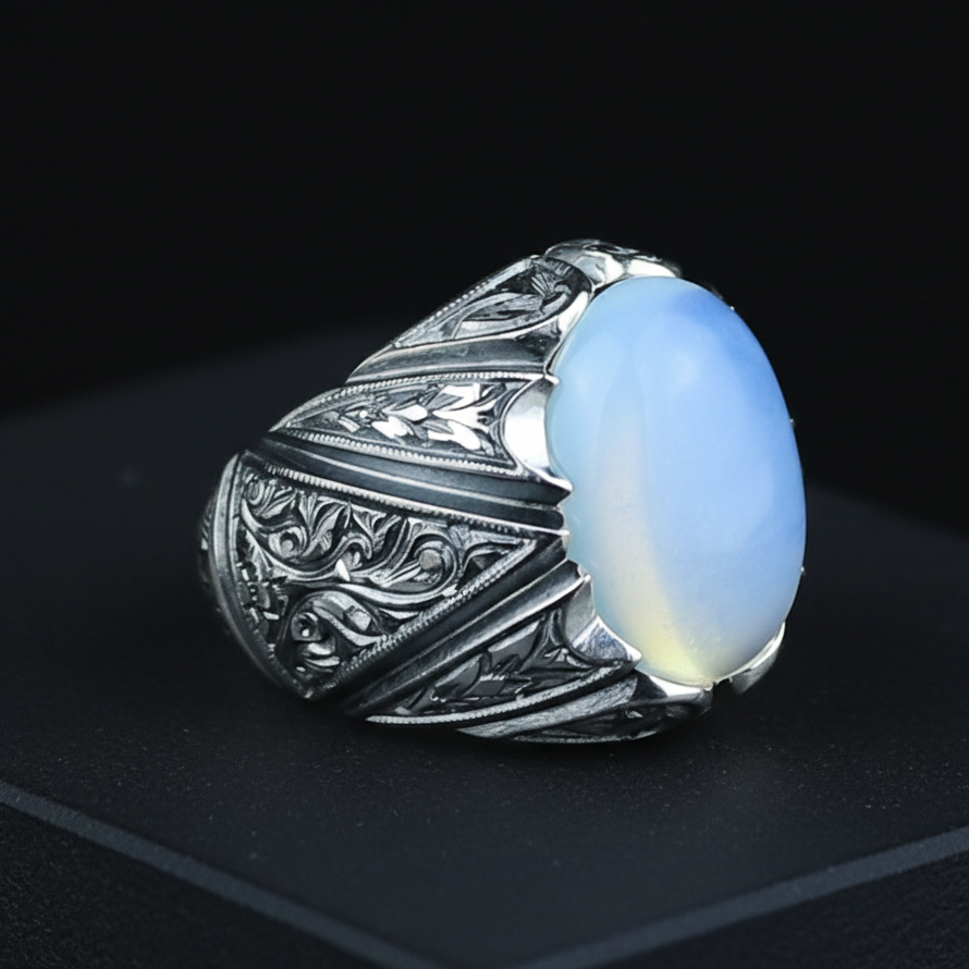 Men Handmade Rainbow Moonstone Engraved Turkish Handmade Ring
