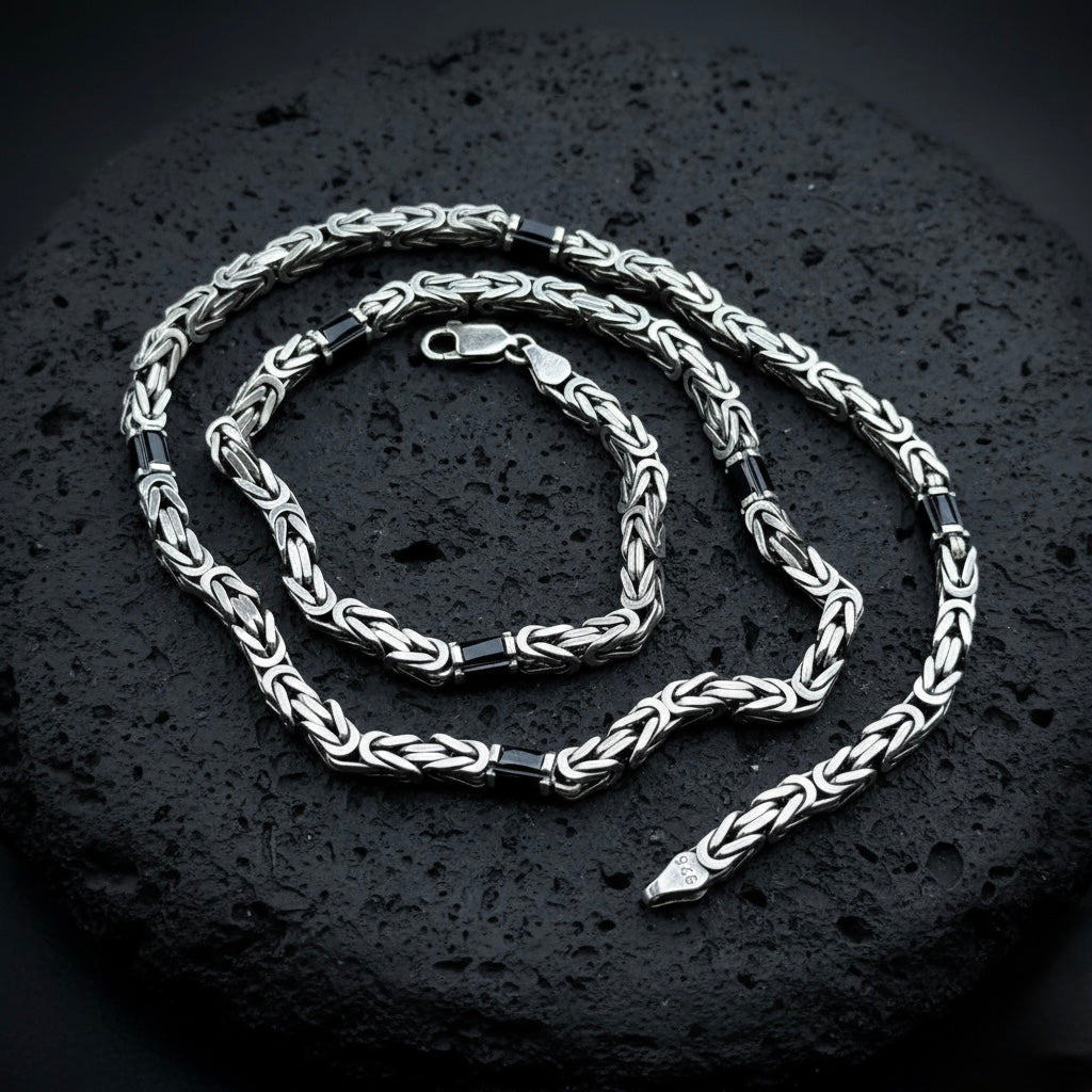 925 Solid Square Byzantine Onyx 5MM Bali Byzantine Chain Necklace