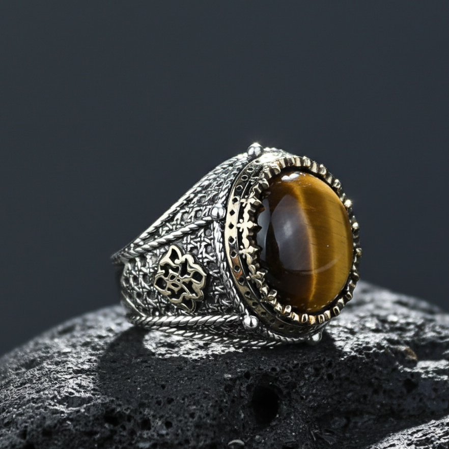 925 Silver Men Handmade Round Tiger Eye Gemstone Ring