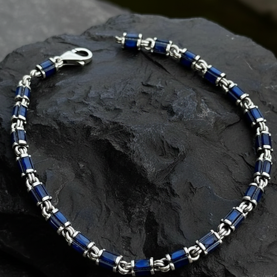 925 Silver Sapphire Stone Men Chain Bracelet Solid Silver Link Chain Bracelet