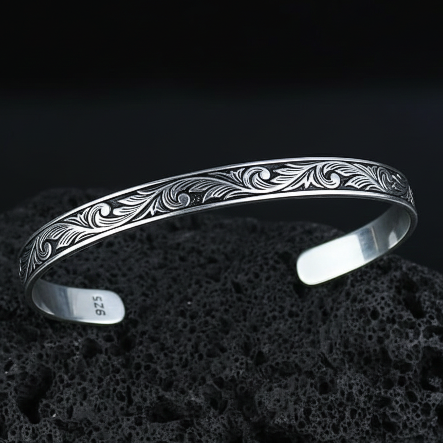 925 Sterling Silver Handmade Engraved Cuff Bracelet