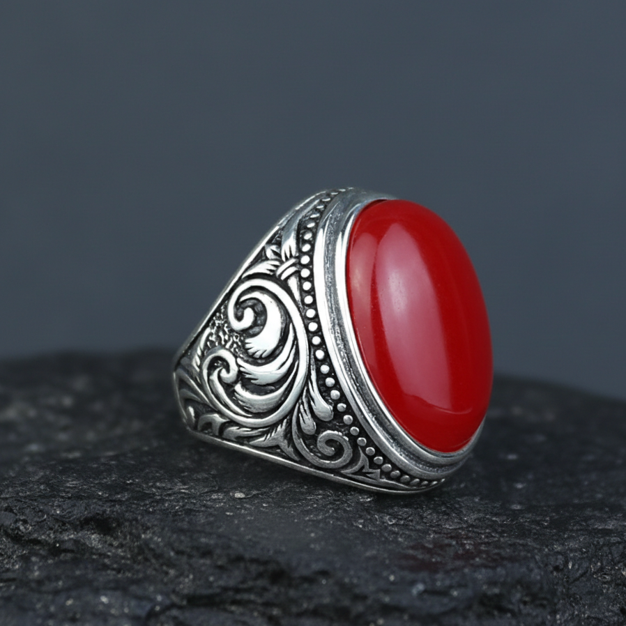 Men Handmade Red Jade Gemstone Large Ottoman Style Ring