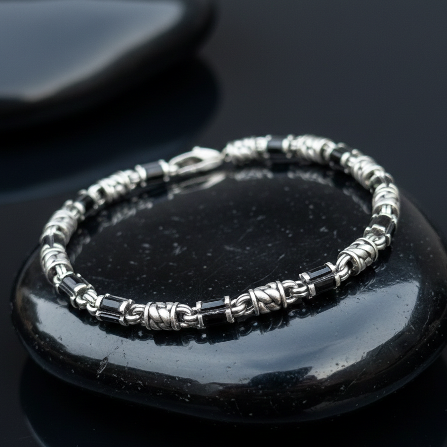 925 Solid Silver Men Black Onyx Gemstone Chain Bracelet