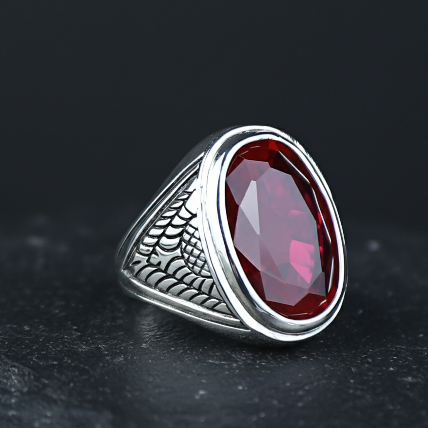 Men Handmade Large Natural Red Ruby Gemstone Silver Ring