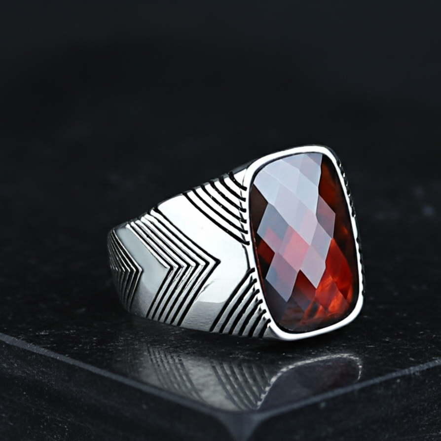 Men Handmade Silver Garnet Stone Ring