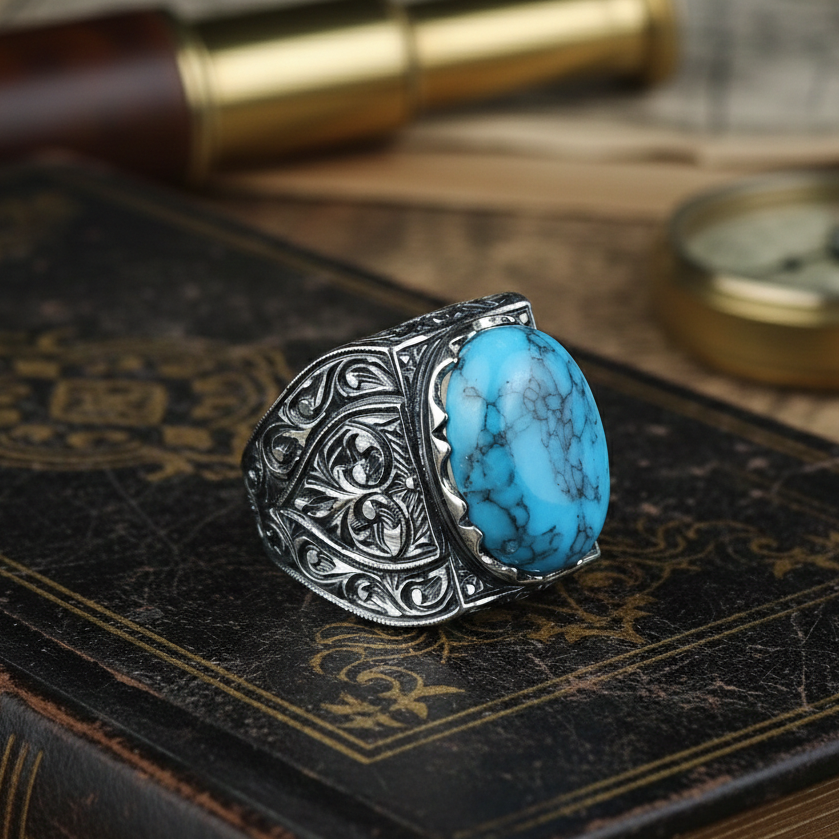 Men Handmade Hand-Engraved Blue Turquoise Gemstone Ring