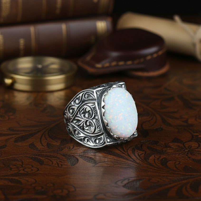 Men Handmade Natural White Opal Gemstone Engraved Ring