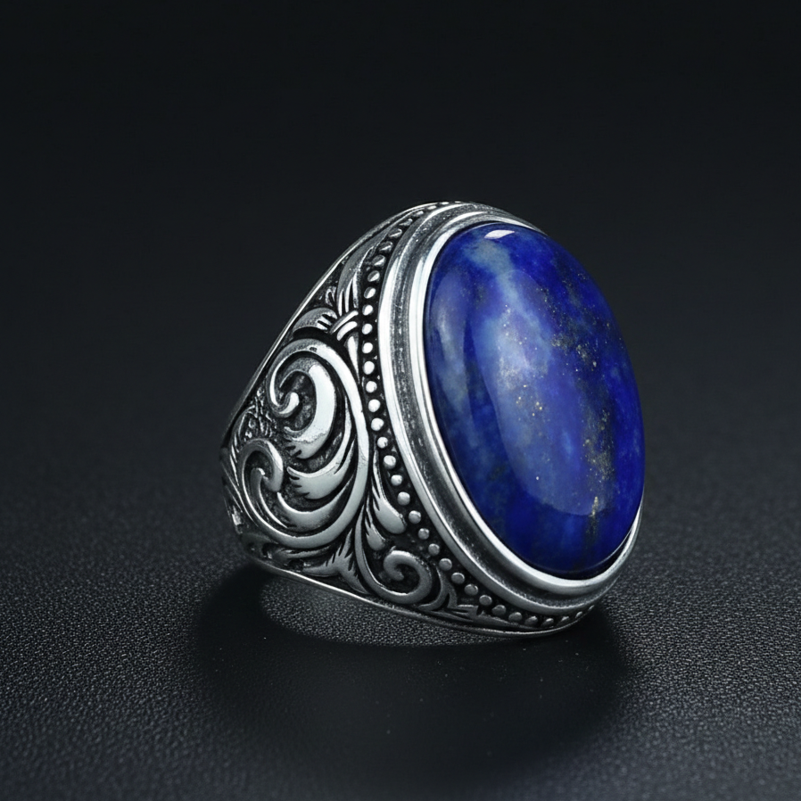 Men Handmade Large Natural Lapis Lazuli Gemstone Ring