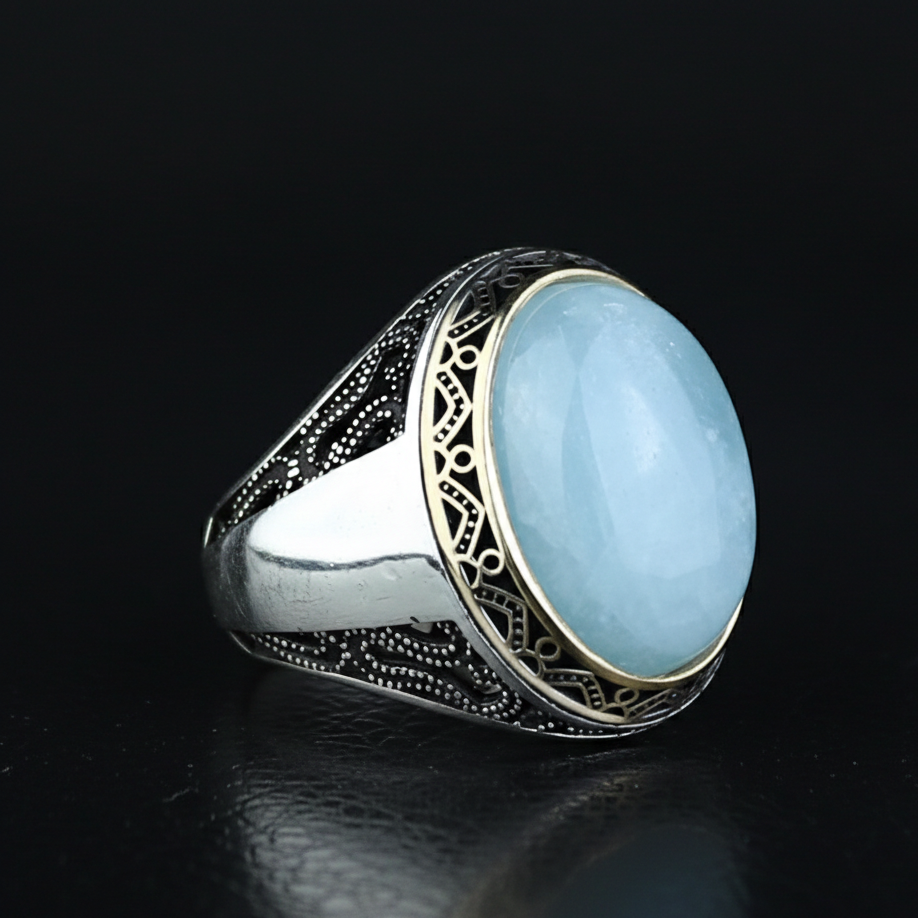 Men Handmade Natural Aquamarine Gemstone Turkish Silver Ring