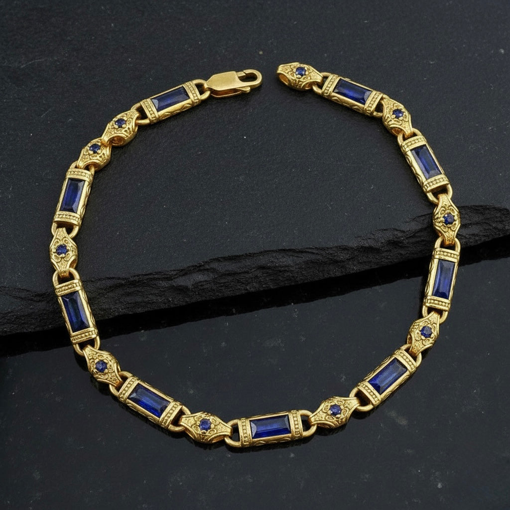 Men Handmade Gold Sapphire Gemstone Byzantine Chain Bracelet