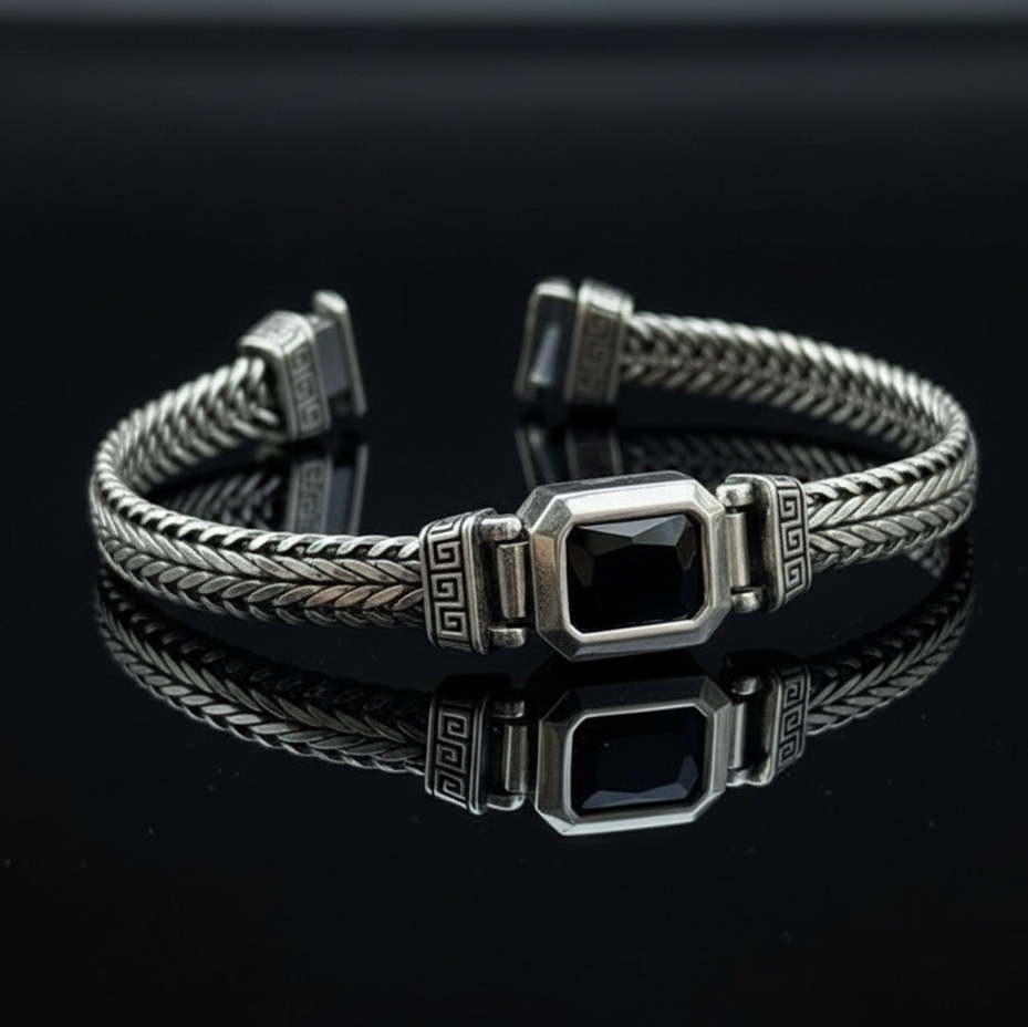 925 Sterling Silver Onyx Gemstone Foxtail Chain Bracelet