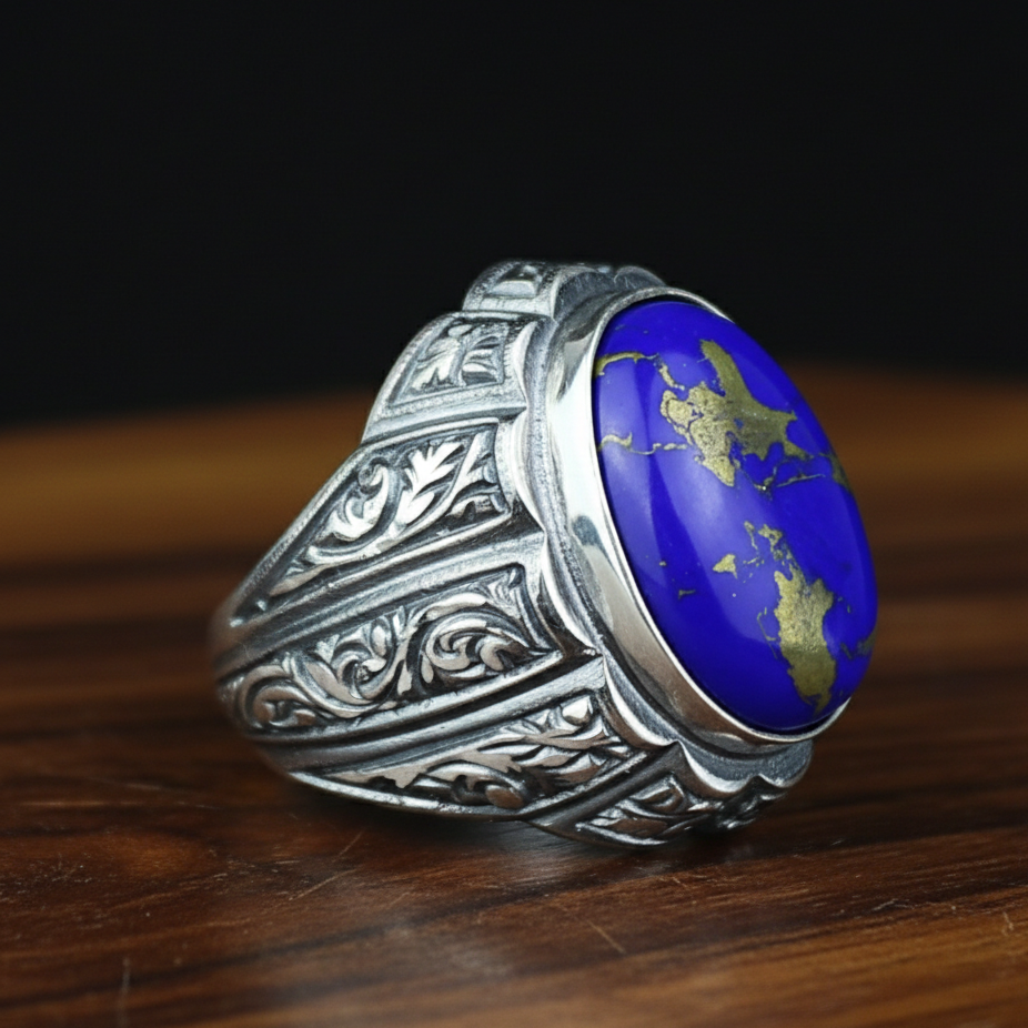 Men Handmade Engraved Natural Lapis Lazuli Gemstone Ottoman Style Ring