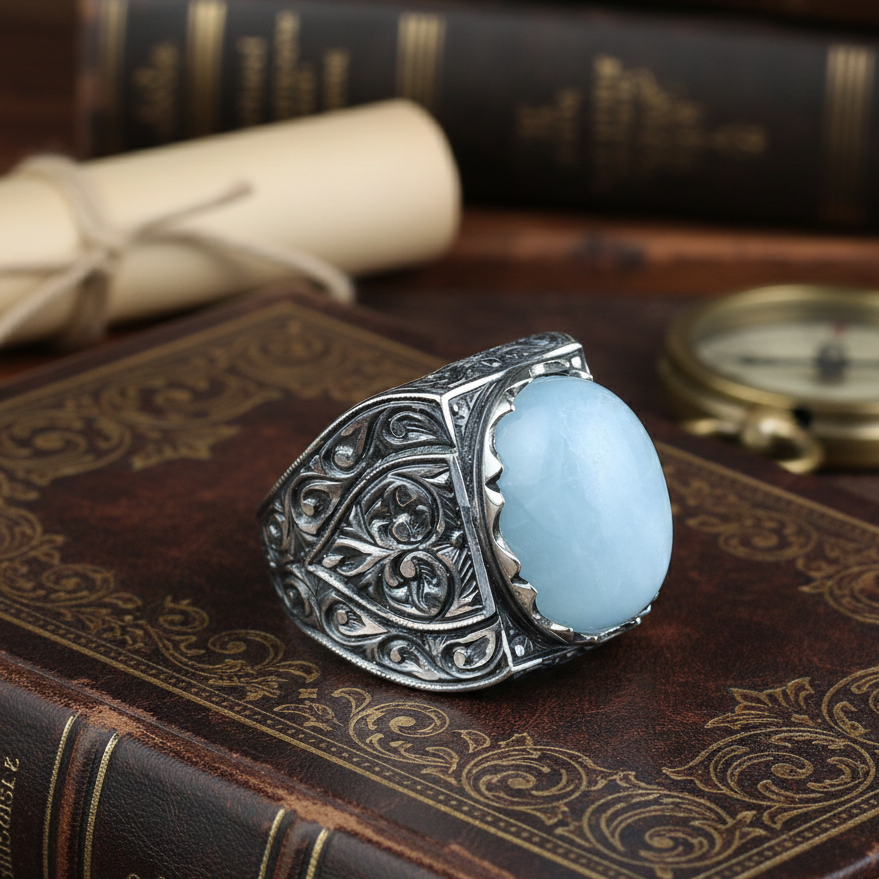 925 Men Handmade Natural Aquamarine Gemstone Vintage Ring
