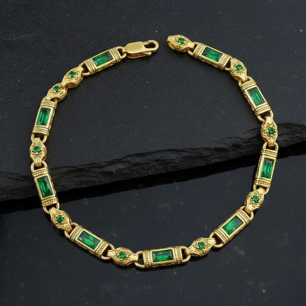 Men Handmade Gold Plated Emerald Gemstone Byzantine Link Bracelet