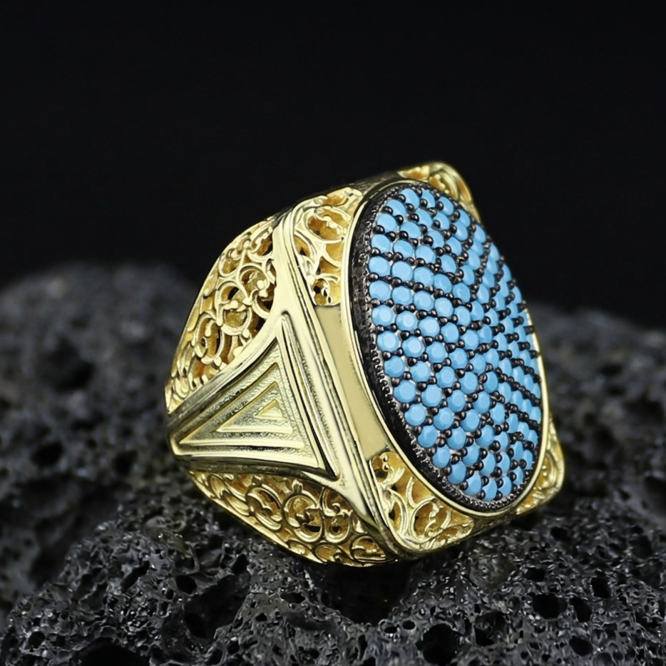 925 Silver Men Handmade Large Gold Turquoise Ring