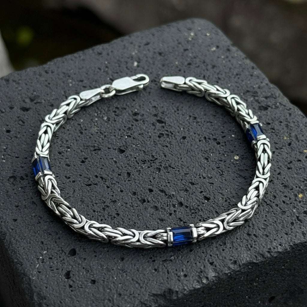 925 Silver Square 4MM Byzantine Sapphire Chain Bracelet