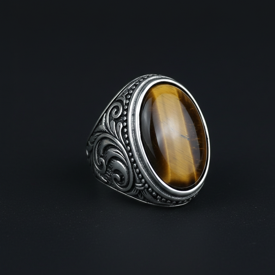 Men Handmade Large Tiger Eye Gemstone Engraved Ring