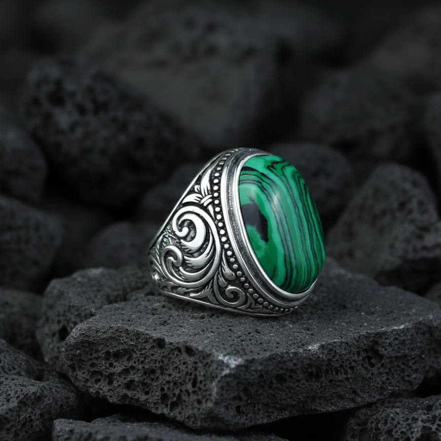 925 Solid Silver Men Handmade Green Natural Malachite Gemstone Ring