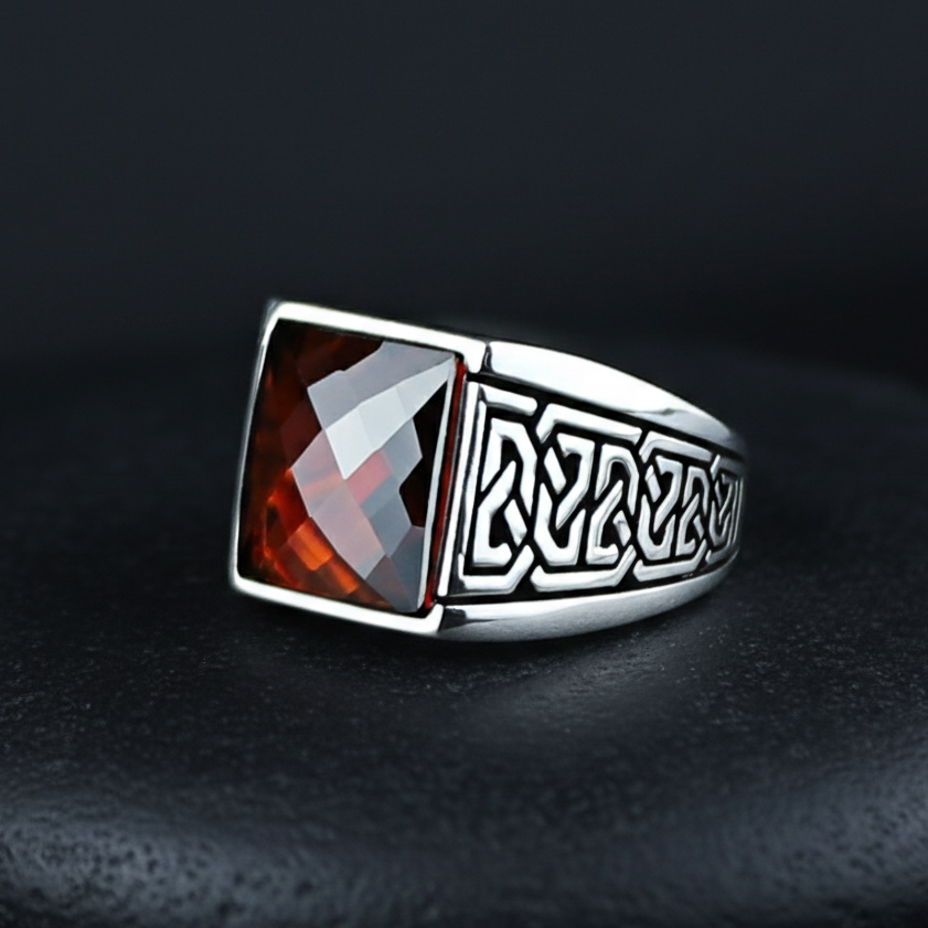 925 Men Silver Handmade Minimal Garnet Stone Ring