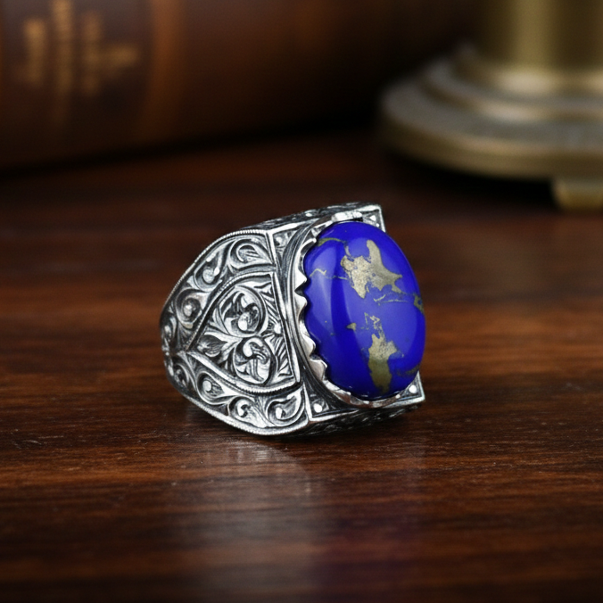 Anillo de hombre hecho a mano y grabado a mano con gema de lapislázuli natural.