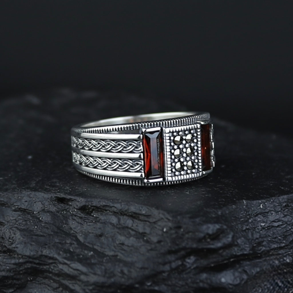 Men Handmade Minimal Red Garnet Gemstone Ring