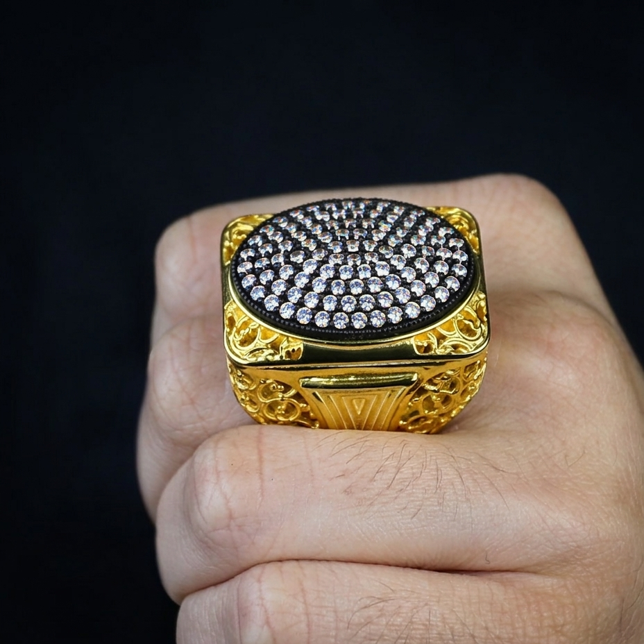 925 Silver Men Handmade Large Ice Out Moissanite Gold plated Ring