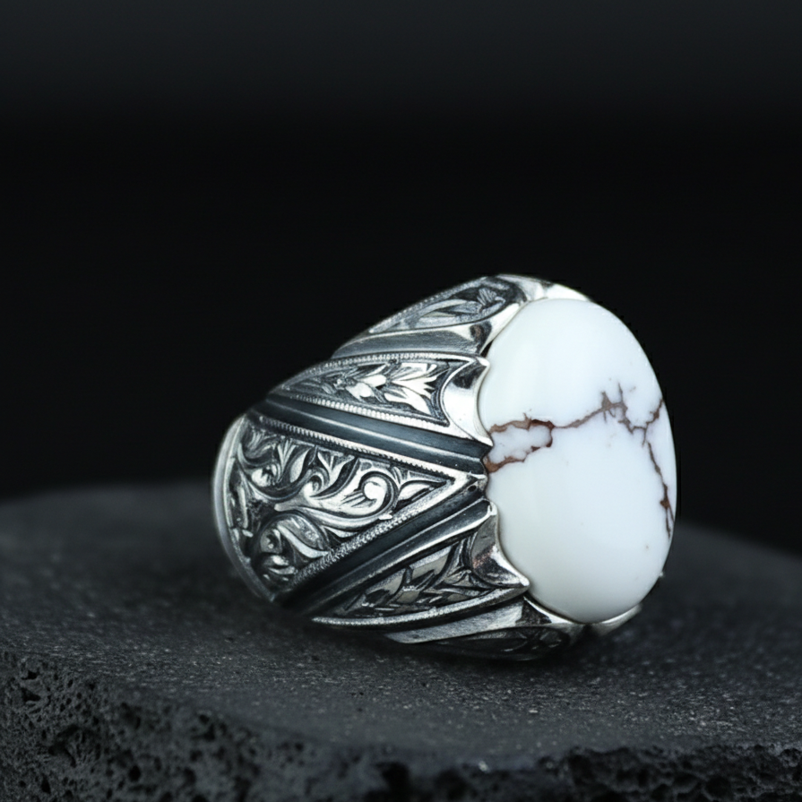 Men Handmade Buffalo Turquoise Gemstone Engraved Ring