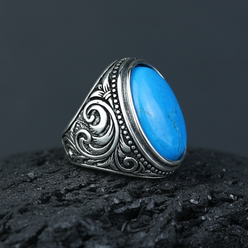 Men Handmade Large Natural Turquoise Gemstone 925 Sterling Silver Ring