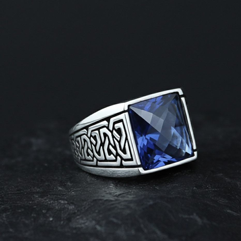 Men Handmade Blue Zircon Sapphire Gemstone Ring