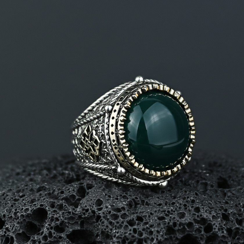 Men Turkish Handmade Round Green Agate Gemstone Ring