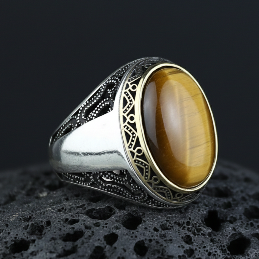 925 Sterling Silver Natural Tiger Gemstone Ottoman Style Ring