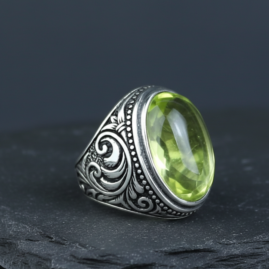 925 Sterling Silver Green Peridot Gemstone Men Ring