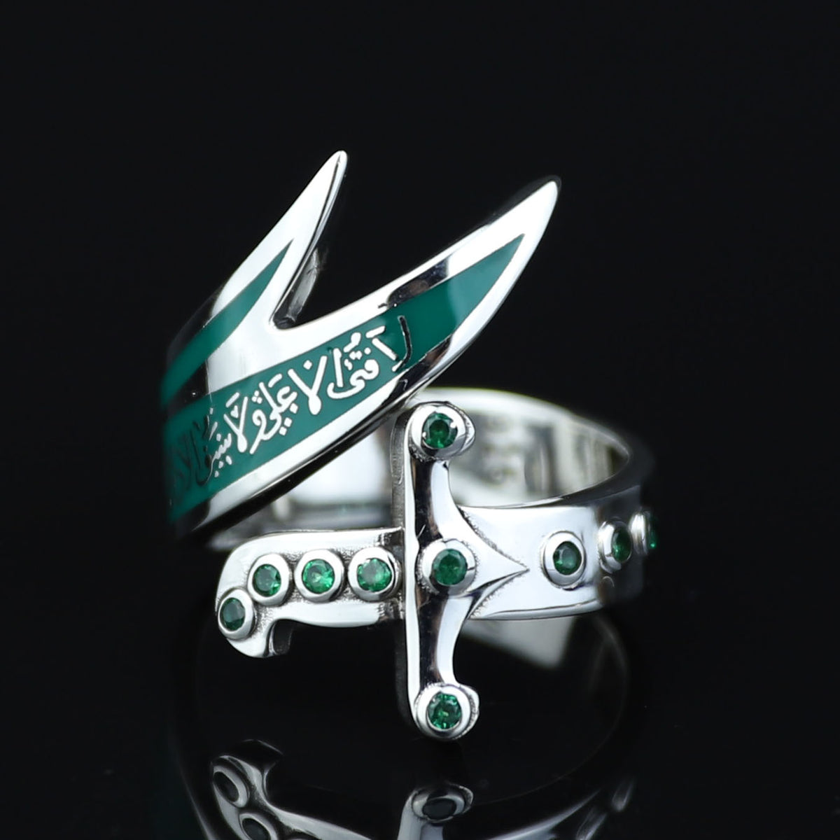 925 Sterling Silver Zulfiqar Sword Ring with Emerald Stone for Men