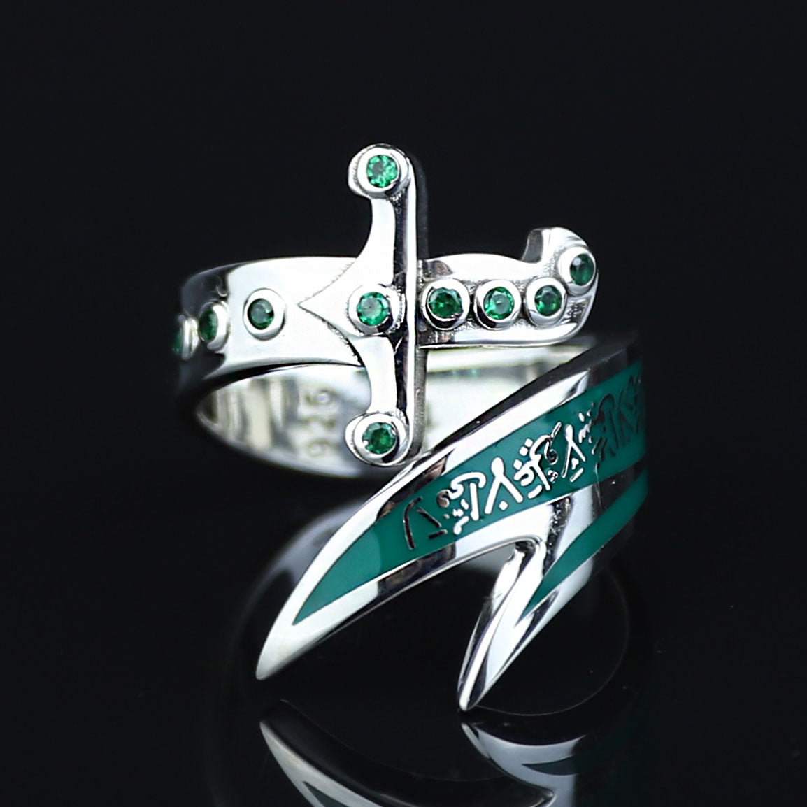 925 Sterling Silver Zulfiqar Sword Ring with Emerald Stone for Men
