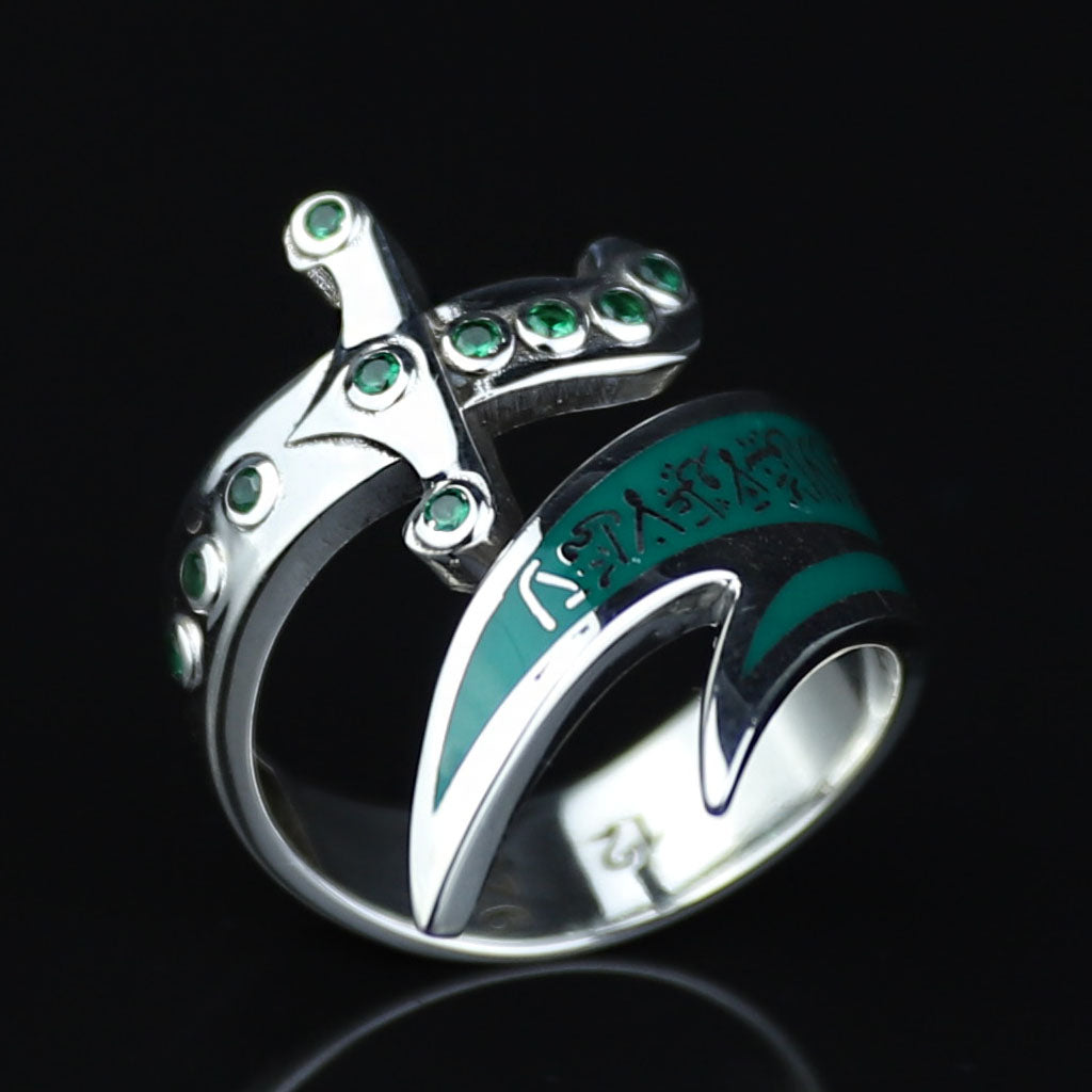 925 Sterling Silver Zulfiqar Sword Ring with Emerald Stone for Men