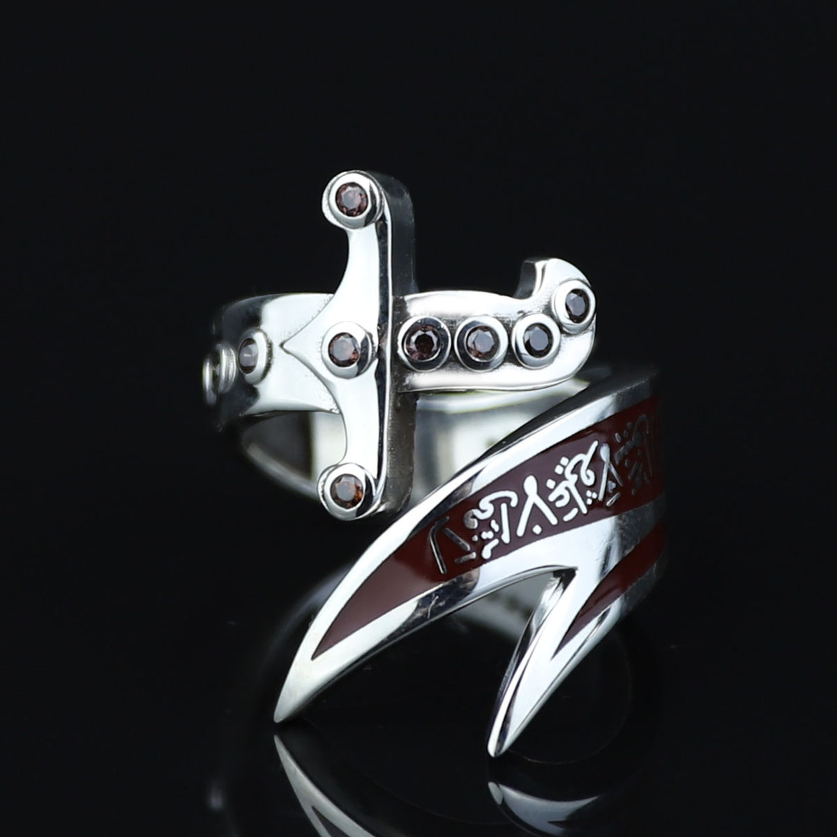 925 Sterling Silver Double Zulfiqar Sword Ring with Ruby Stone
