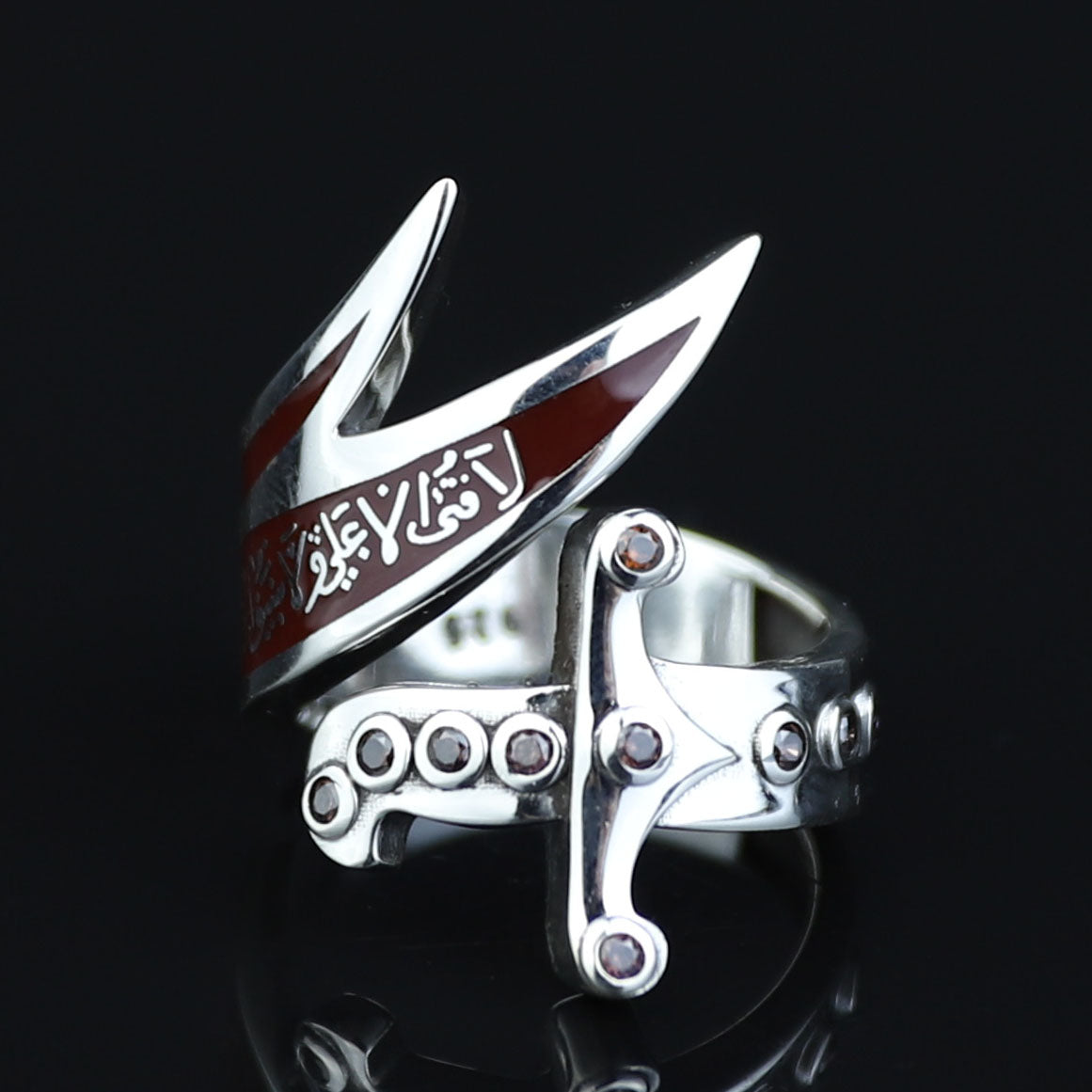 925 Sterling Silver Double Zulfiqar Sword Ring with Ruby Stone