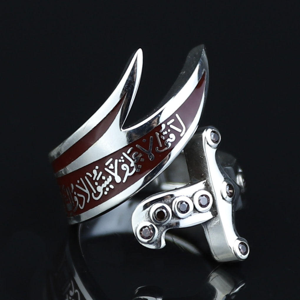 925 Sterling Silver Double Zulfiqar Sword Ring with Ruby Stone