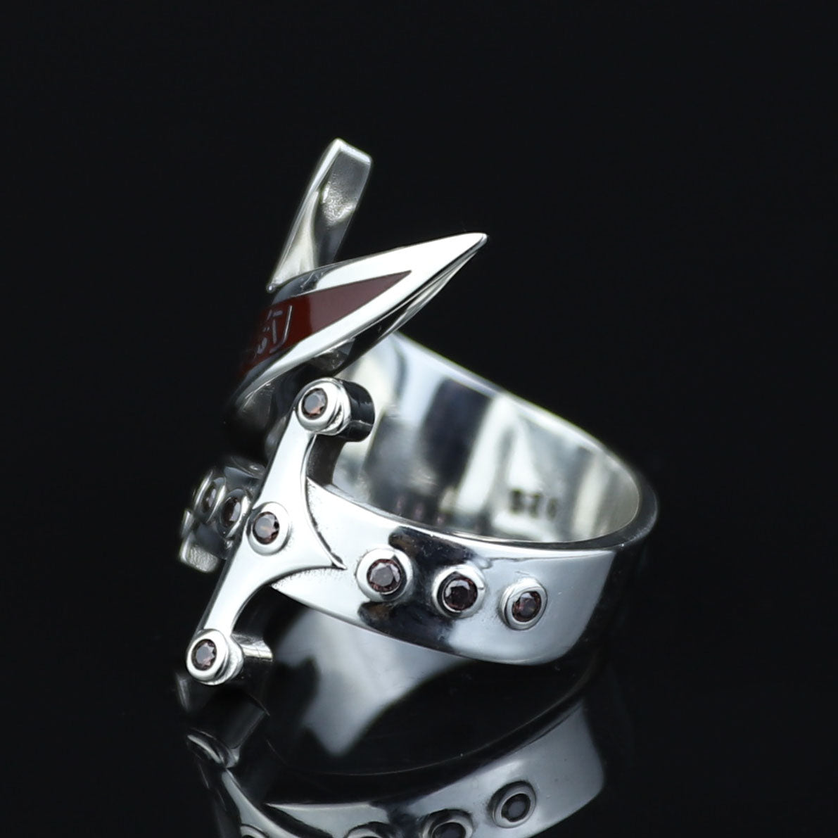 925 Sterling Silver Double Zulfiqar Sword Ring with Ruby Stone