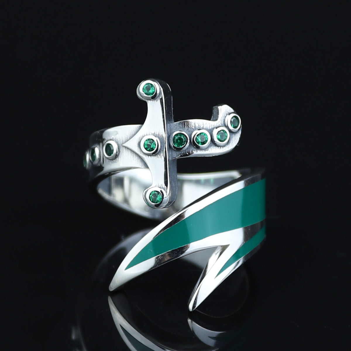 925 Sterling Silver Double Zulfiqar Sword Ring with Emerald Stone