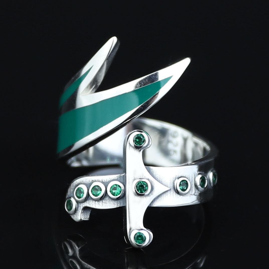 925 Sterling Silver Double Zulfiqar Sword Ring with Emerald Stone